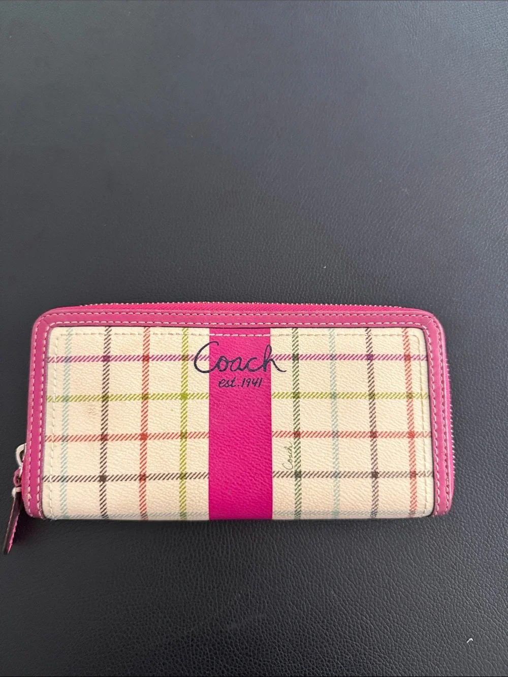Coach Pink Plaid Zip Wallet with Signature Stripe